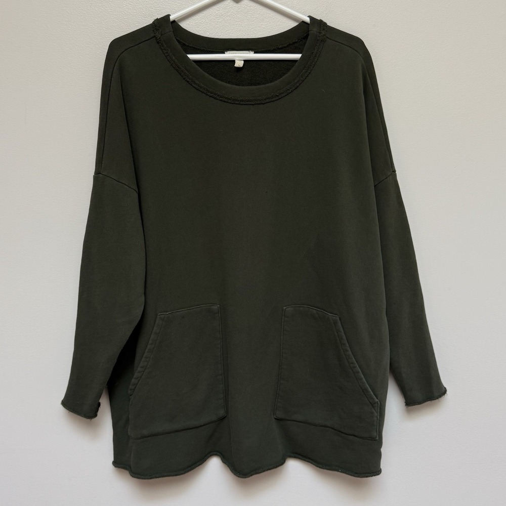 EILEEN FISHER Womens Green Sweatshirt Raw Hem Pockets Medium Oversized Lagenlook